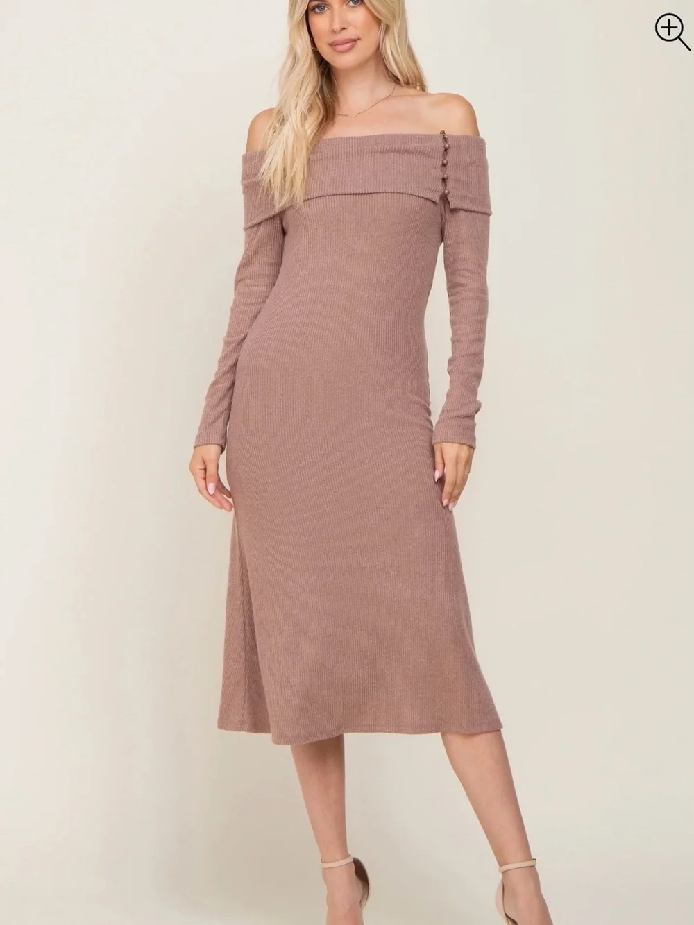 Mocha Ribbed Knit Foldover Off Shoulder Midi Dress